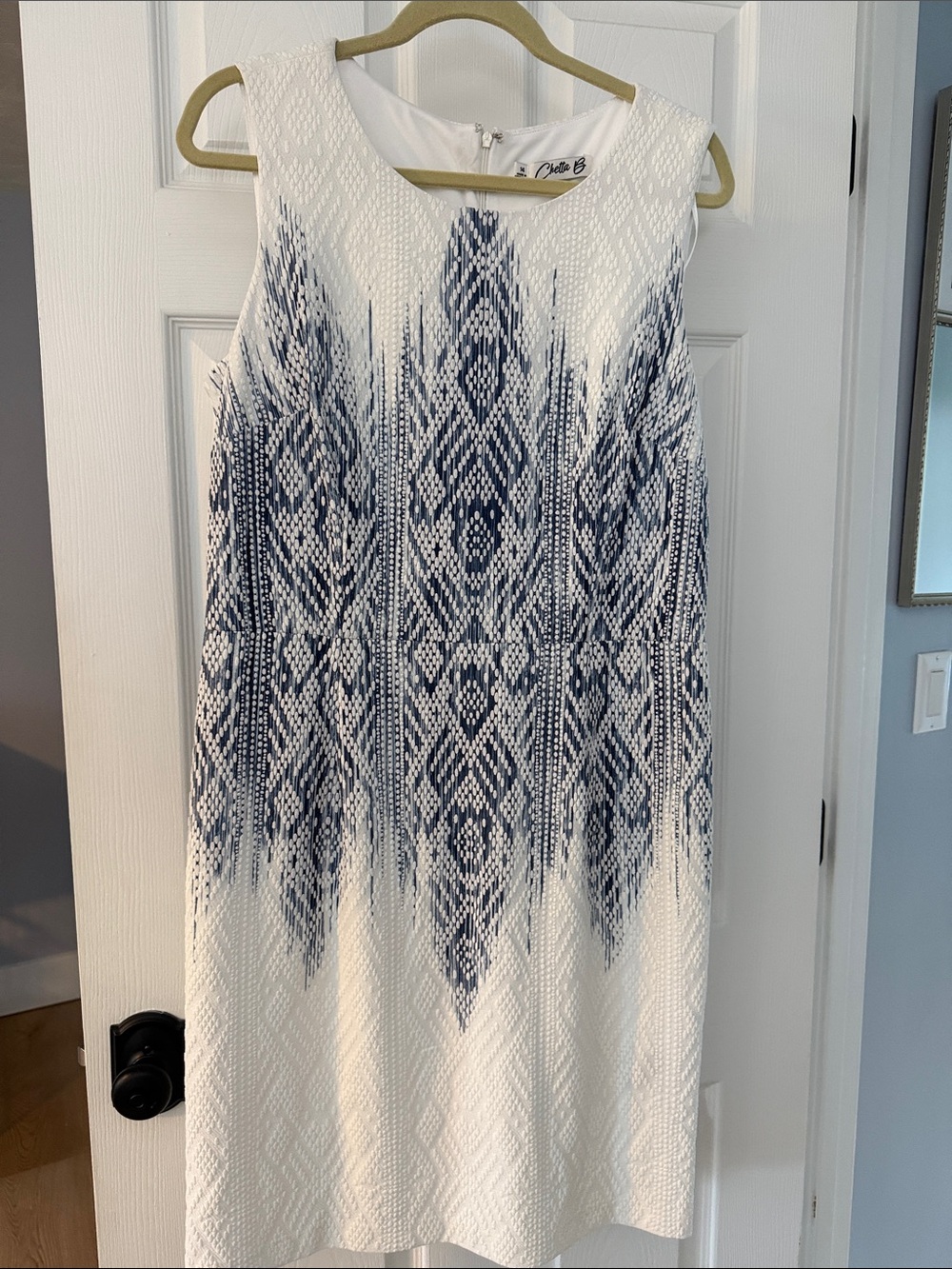 Chetta B White Dress with Navy Geometric Print